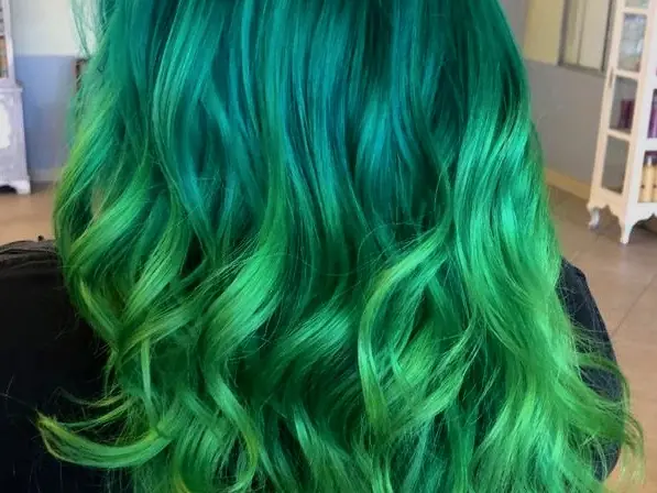 Back view of a person with long, wavy, vivid green hair in a salon-like interior.