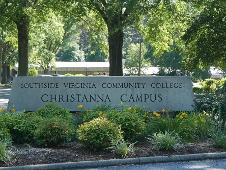 Stone monument sign reading “Southside Virginia Community College Christanna Campus” in front of a landscaped entrance and campus buildings.