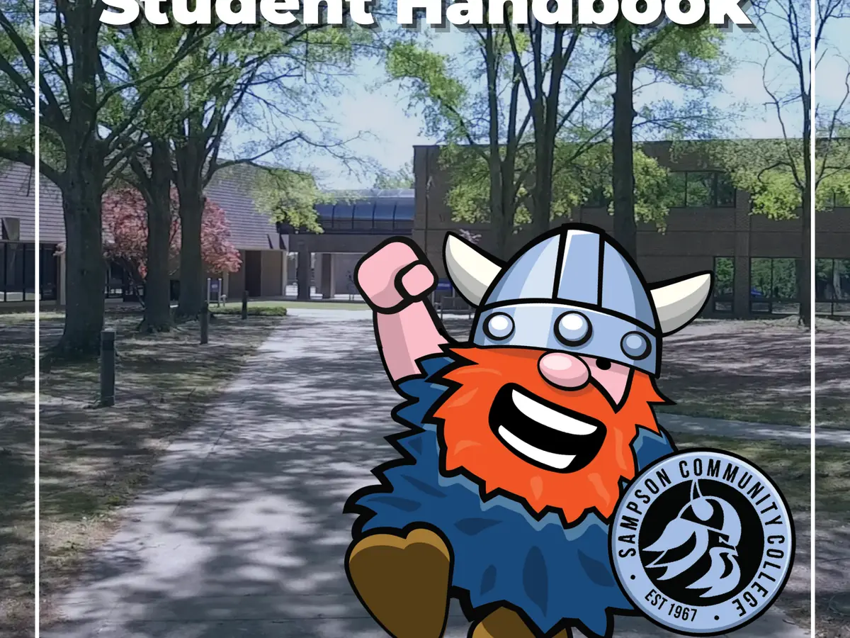 Tree-lined walkway leading toward a low brick Sampson Community College building, with a cartoon Viking mascot and 2024–2025 course catalog text overlaid.
