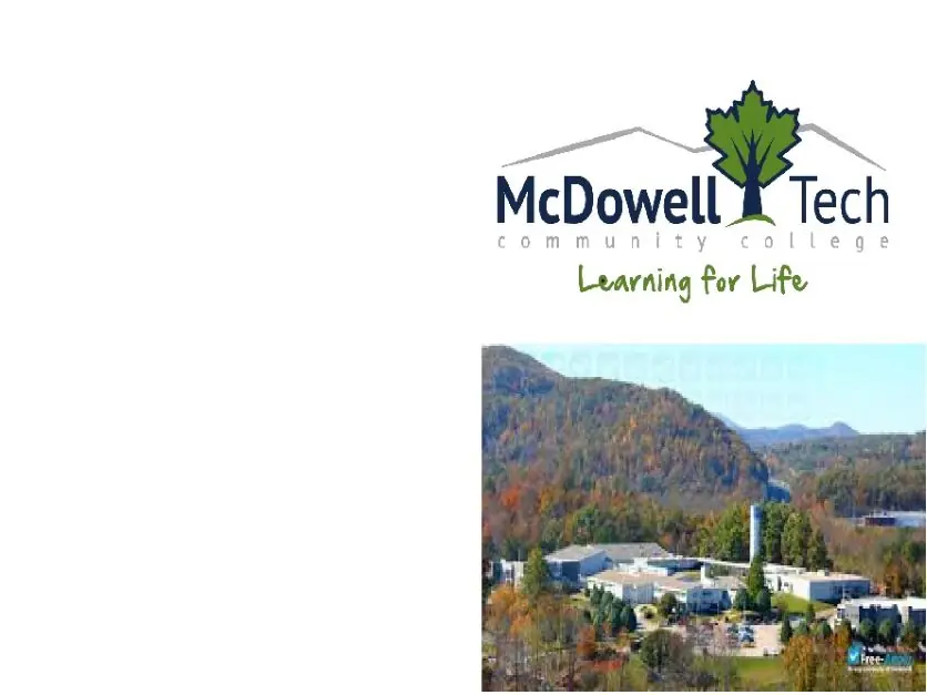 Aerial photograph of McDowell Technical Community College buildings set among wooded mountains, with the college logo above the campus image.