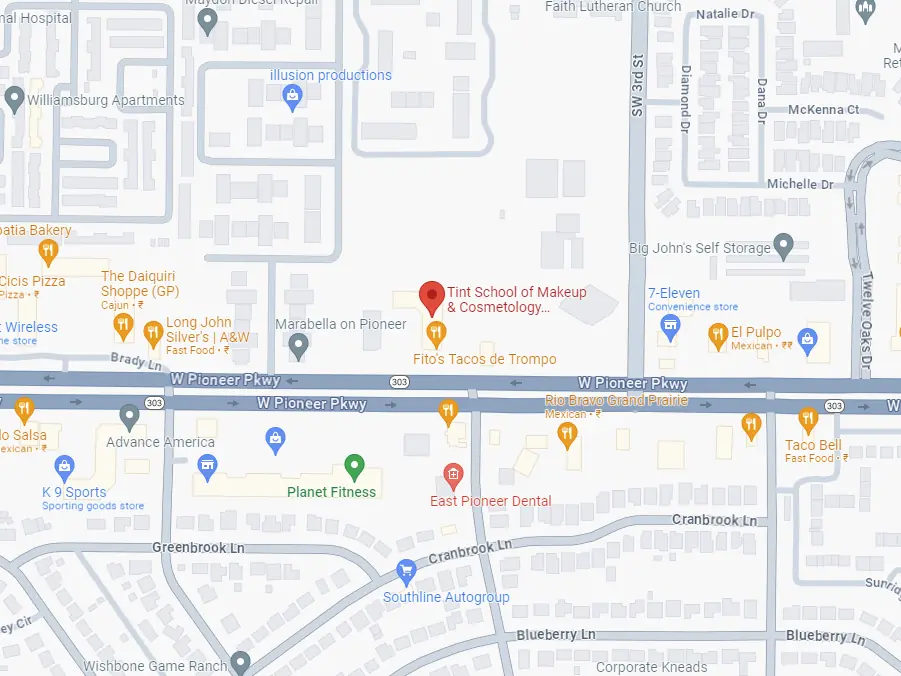 Map showing the Tint School of Makeup & Cosmetology Grand Prairie location on W Pioneer Parkway in Grand Prairie, Texas.