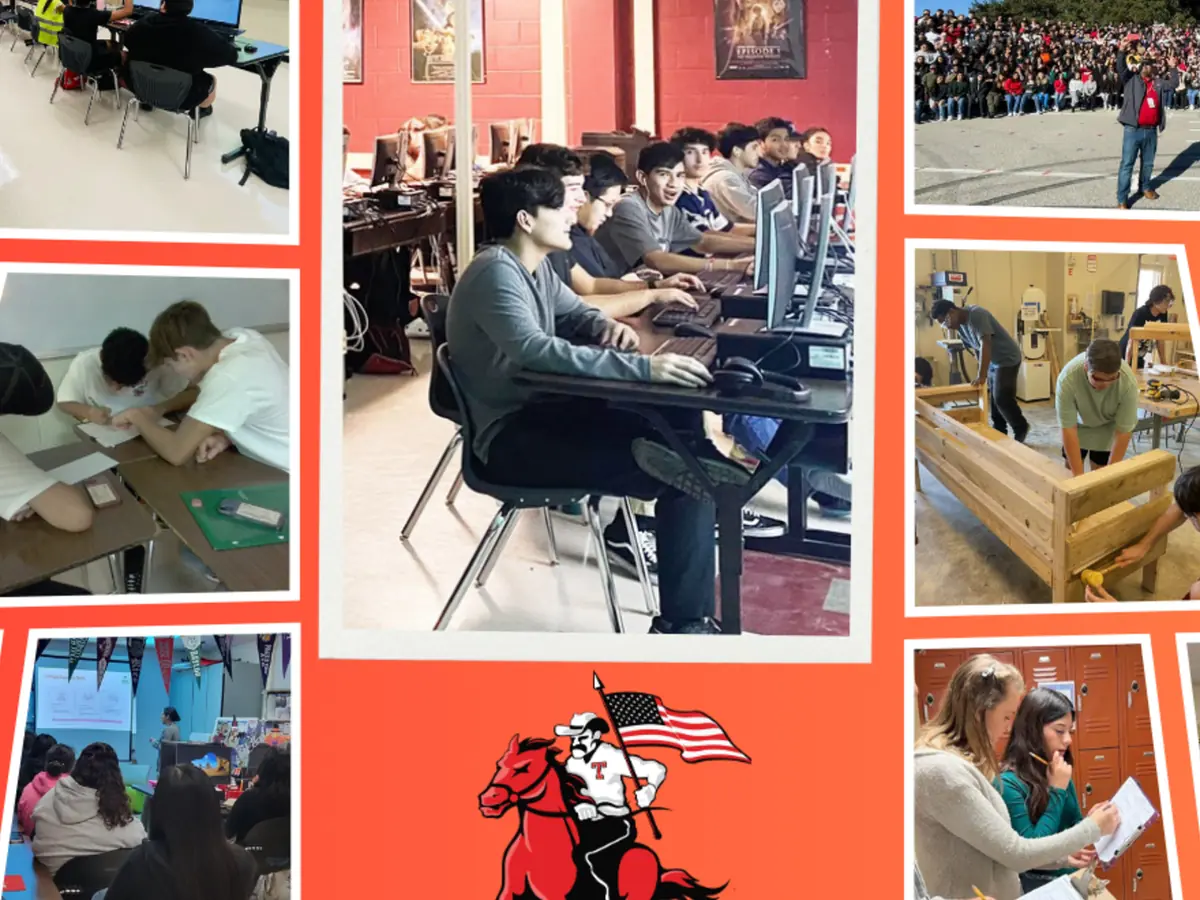 Collage of Taft High School students participating in classroom activities, performances, clubs, and school events, with Taft branding and a red horseman mascot in the center.