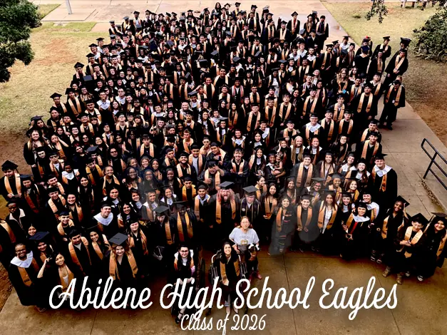 Large group of graduating students wearing black caps and gowns gathered outdoors, with the words “Abilene High School Eagles Class of 2026” overlaid at the bottom.