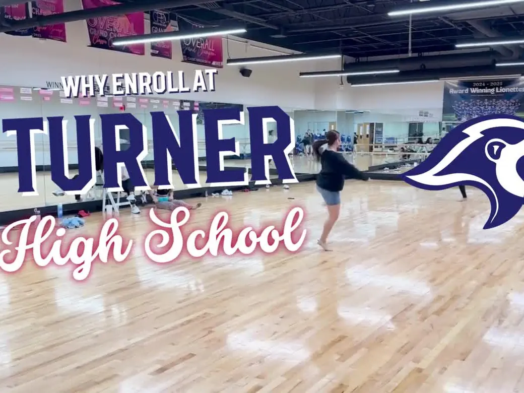Interior school activity room with a polished wood floor, mirrors, exercise equipment, and one person near the back; overlaid text reads “WHY ENROLL AT TURNER High School” alongside the school mascot.