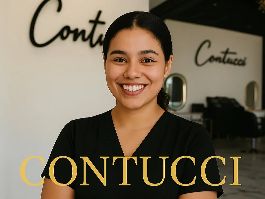 Smiling woman in a black top standing inside a Contucci cosmetology salon, with Contucci lettering on the wall and large gold text reading “CONTUCCI COSMETOLOGY LICENSE” across the bottom.