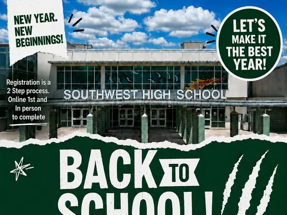 Back-to-school registration flyer featuring a photo of the Southwest High School entrance with the school name visible above the doors.