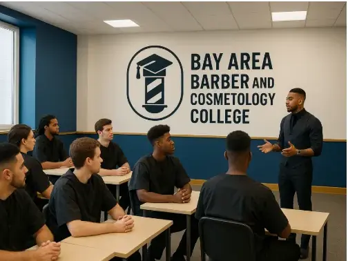 Students sit at desks facing an instructor in a classroom with a large Bay Area Barber and Cosmetology College logo and name on the back wall.