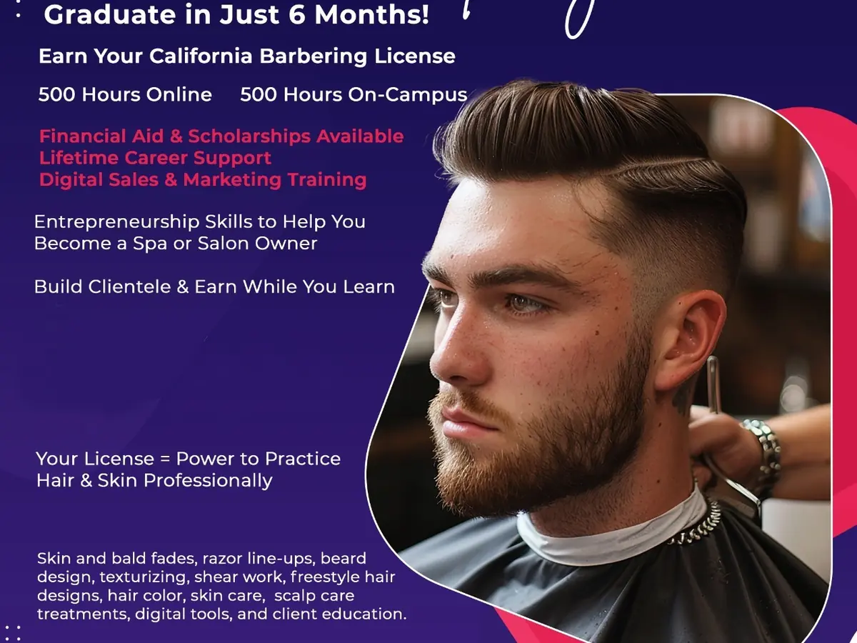 Cosmotek College barbering program flyer showing a man receiving a haircut, with program details and the San Jose campus address.
