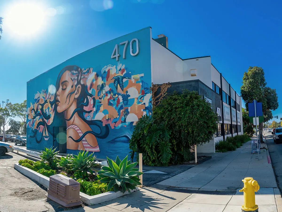 Lu Ross Academy building at 470 E. Thompson Boulevard in Ventura, with a colorful cosmetology mural on the facade and landscaping along the sidewalk.