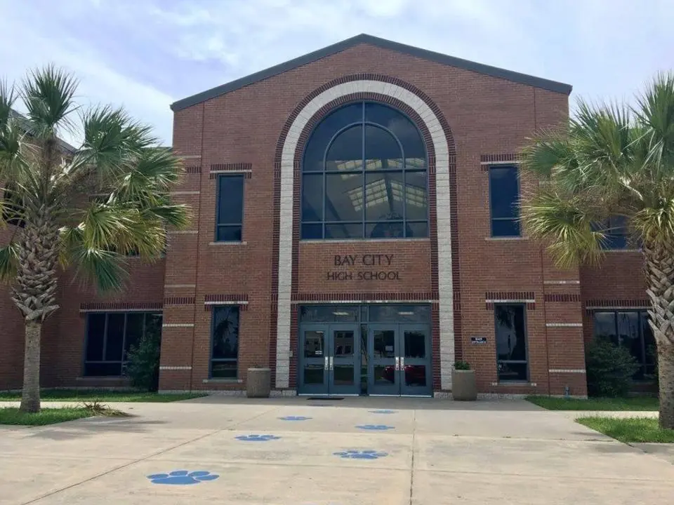 Front entrance of Bay City High School, a red-brick building with a large arched glass window, palm trees on both sides, and blue paw prints on the concrete walkway.